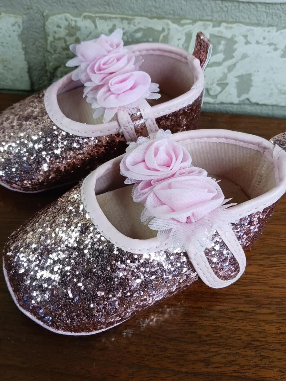 Little Girls Size 5 Mary Jane Shoes Pink Glitter Dress Shoes Chiffon Flower